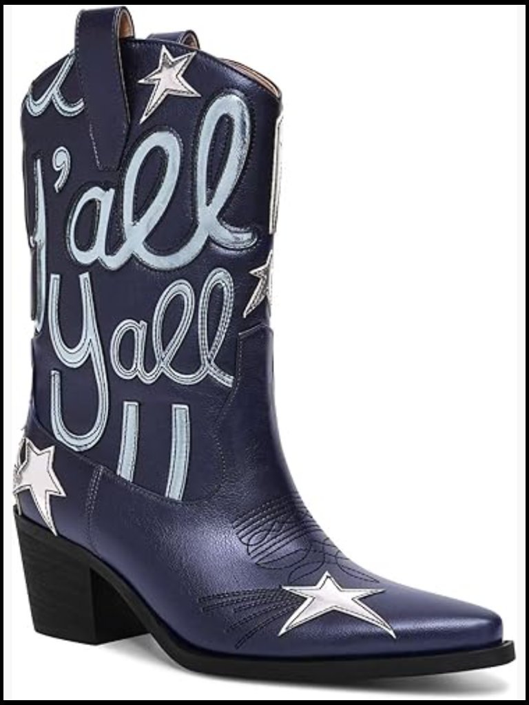 Metallic Cowboy Boots Mid Calf Low Heel Pointed Toe Western Pull On Fashion